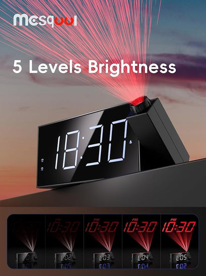 Projection Digital Alarm Clock with Bed Shaker for Bedroom, Extra Loud Alarm Clock for Heavy Sleeper, 180° Rotable Ceiling Projector Clock,2 Alarm,5 Dimmer Volume,USB Charger, Battery Backup,12/24H…