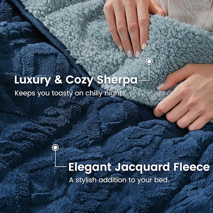 Sherpa Fleece Adult Weighted Blanket Great for Sleep, 15 lbs Dual Sided Soft Fuzzy Heavy Blankets for Couch Bed Sofa, Cozy Warm Fluffy Jacquard Throw for Winter (Navy Blue, 60" x 80", 15 Pounds)