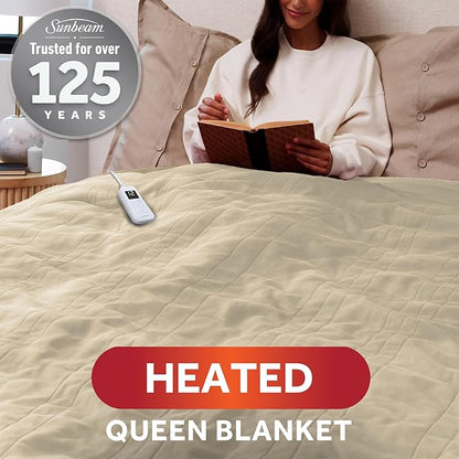 Sunbeam Royal Ultra Fleece Heated Electric Blanket Queen Size, 90" x 84", 12 Heat Settings, 12-Hour Selectable Auto Shut-Off, Fast Heating, Machine Washable, Warm and Cozy, Pebble