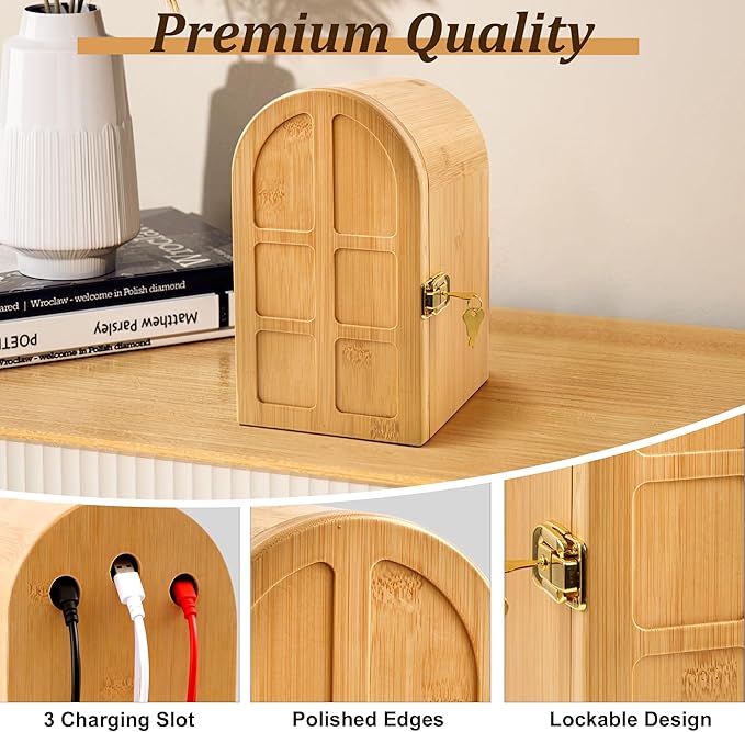 Bamboo Phone Jail with Lock, Phone Box for Family Time Cell Phone Lock Box with 3 Charging Holes, Self-Discipline Box Help People Focus Back