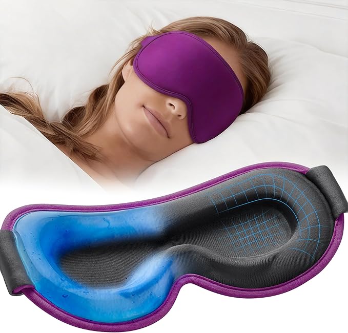6oz Weighted Cooling Gel Sleep Mask for Senior Relaxation, 3D Blackout Eye Mask for Seniors Adults & Light Sleepers, Gentle Chill, Eyelash Friendly, Adjustable Strap, Travel Bag (Purple)