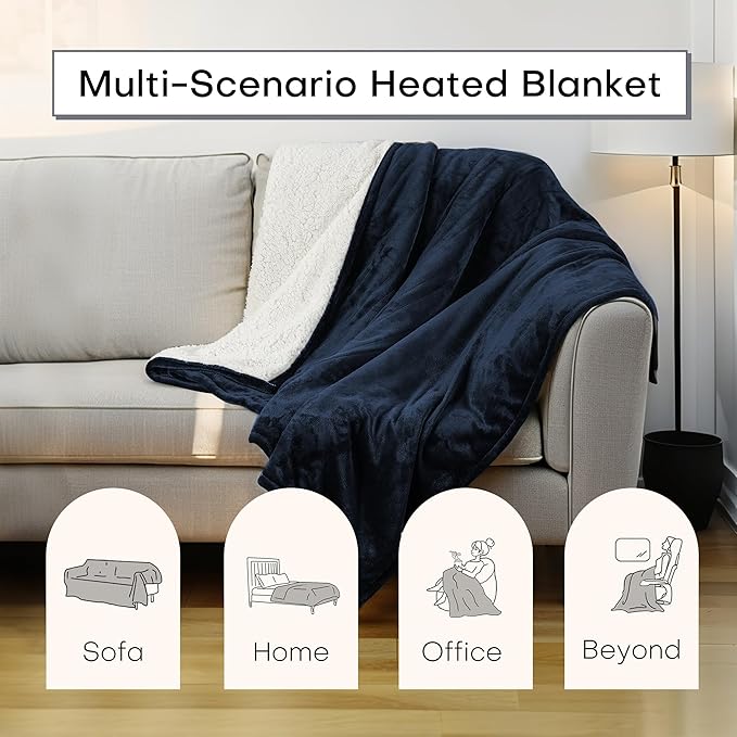 Heated Electric Blanket Throw Size 50"x60" Thickened Flannel and Sherpa Heated Blanket,3 Hours Timer Auto-Off & 5 Heating Levels, Machine Washable, Navy Blue
