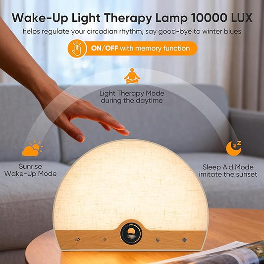 Light Therapy Lamp and Sunrise Alarm Clock 2-in-1, 10000 Lux Happy Therapy Light with Wake Up Alarm Clock, 3 Color Temperature and 5 Brightness Level