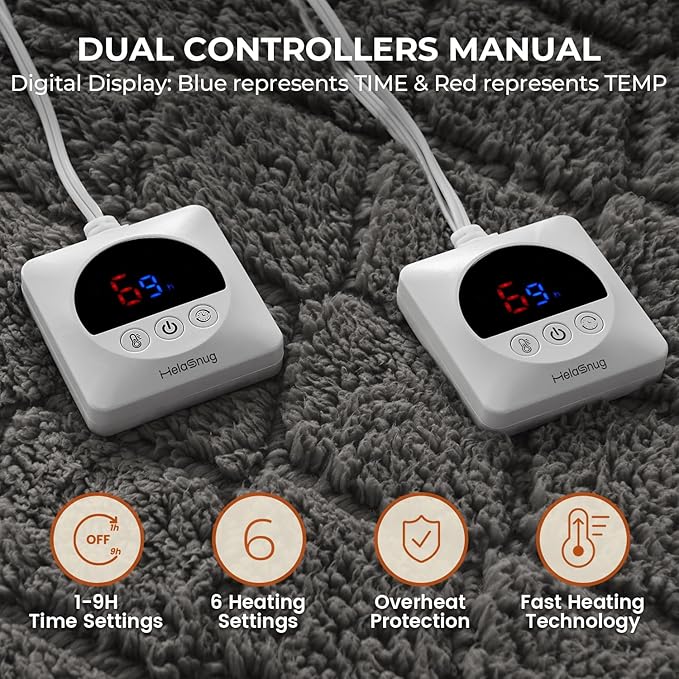 Electric Heated Mattress Pad 78x80IN Dual Controllers Heating Mattress Pad King Size 6 Heat Settings 1-9-Hour Timer Auto-Off Deep Pocket Machine Washable FCC&ETL Certificated Moonbeam Gray
