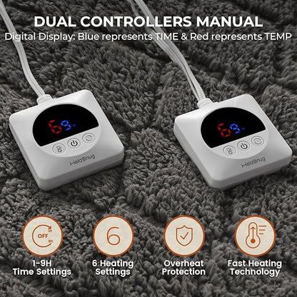 Electric Heated Mattress Pad 78x80IN Dual Controllers Heating Mattress Pad King Size 6 Heat Settings 1-9-Hour Timer Auto-Off Deep Pocket Machine Washable FCC&ETL Certificated Moonbeam Gray