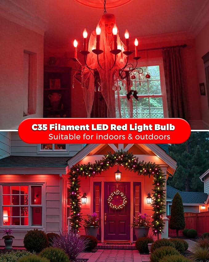 E12 LED Red Light Bulb for Christmas, C35 LED E12 Filament Candle Bulb 4W (40W Equivalent) E12 Base Red Lighting for Halloween, Party Decor, Sleep Lights, Bedroom, Porch Lights, Non-Dimmable, 3 Pack