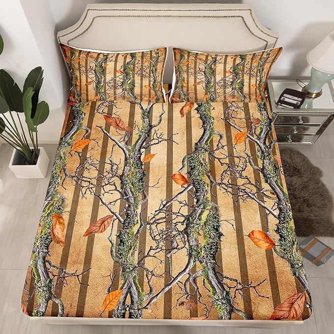 Tree Branches Kids Fitted Sheet Full Size,Wild Jungle Botanical Leaves Rustic Bedding Set,Boys Girls Room Decor,Hunter Cabin Geometric Stripes Bed Cover,Brown Bed Sheet,2 Pillowcases(No Top Sheet)
