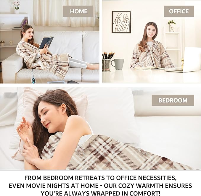 Beautyrest Wearable Electric Poncho Wrap Blanket, Ultra Soft Sherpa & Berber Fleece Heated Throw, UL Certified & OEKO-TEX, 3 Heat Settings & 2 Hour Auto Shutoff, Gift-Ready, 50" x 64", Tan Plaid