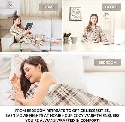 Beautyrest Wearable Electric Poncho Wrap Blanket, Ultra Soft Sherpa & Berber Fleece Heated Throw, UL Certified & OEKO-TEX, 3 Heat Settings & 2 Hour Auto Shutoff, Gift-Ready, 50" x 64", Tan Plaid