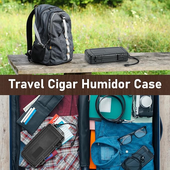 Travel Cigar Humidor Case, Portable Humidor Cigar Box with Humidifier & Cigar Cutter, Waterproof, Crushproof and Airtight Cigar Case for 5 Cigars-Cigar Accessories Cigar Gifts for Men