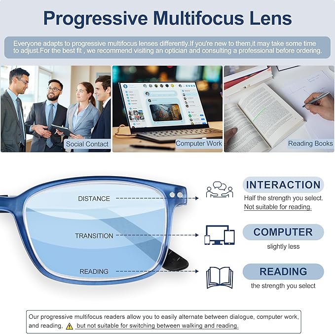 EASY READ TR90 Progressive Multifocal Reading Glasses for Men,Rectangular Blue Light Blocking Readers with Spring Hinge