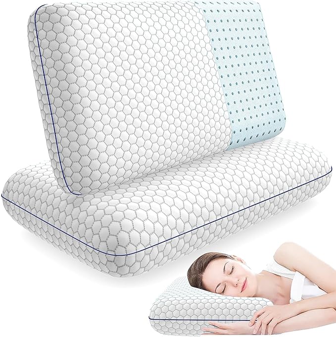 2 Pack Memory Foam Pillows for Side, Back and Stomach Sleepers, Bed Pillow with Washable Cover and Breathable Mesh, Bed Pillow for Sleeping, Grey，Standard Size