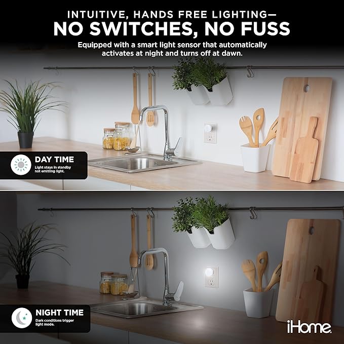 iHome Plug-in LED Night Lights 4-Pack, Dusk-to-Dawn Sensor, 3000K Warm Glow, Energy Saving, Great for Bedrooms, Hallways, Closets, Stairs, Kids’ Rooms (4-Pack (2 White & 2 Red Lights))