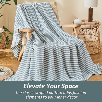 EMME Cotton Muslin Queen Blanket Bed Layering Bedspread Coverlet Breathable Gauze Soft Lightweight Adults (Striped Teal, 90"x90")