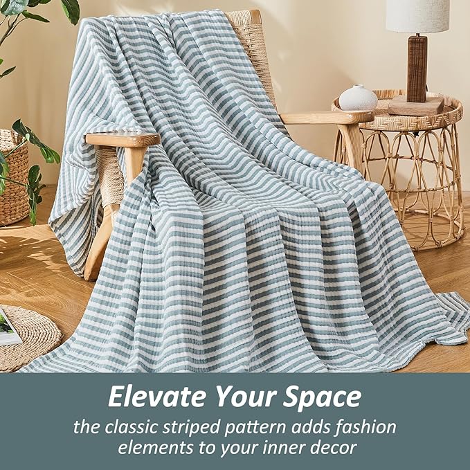 EMME Cotton Muslin Large Throw Blanket Couch Breathable Gauze Soft Lightweight Bed Blankets Adults (Striped Teal, 50"x70")