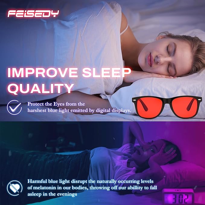 FEISEDY Sleep Blue Light Glasses for Woman Men 99.9% Computer Gaming Red Lens Eyeglasses Reduce Eyestrain G2835