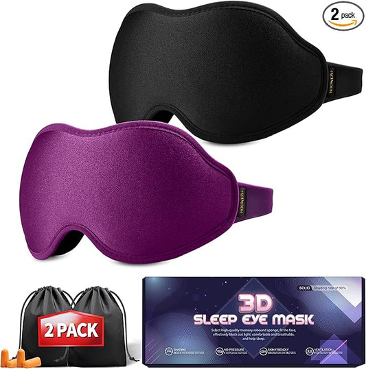 Sleep Masks for Women Men - Blackout Eye Cover for Lash Extension, 3D Contoured Sleep Mask for Side Sleeper, Soft Memory Foam, Sleep Masks for Travel, Airplane, Night(Cloud Black, Cloud Purple)