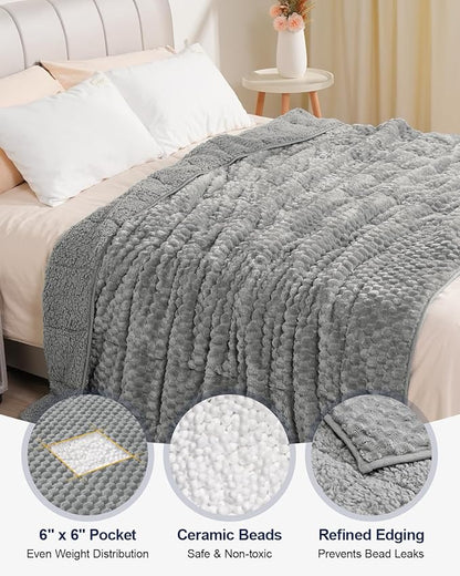 Super Soft Luxury Fleece Sherpa Weighted Blanket 15 lbs for Adults, Turtle Shell Fuzzy Cozy Fluffy Queen Size Weighted Throw, Ceramic Beads Washable Heavy Blankets for Couch Bed, Grey, 60" x 80"