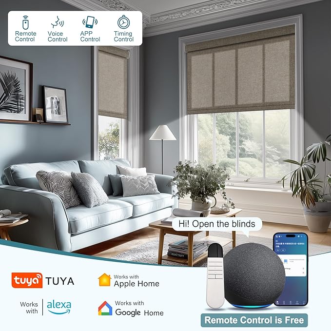 Motorized Blinds with Remote,Light Filtering Smart Roller Shades with App,Voice Control,Thermal Insulated Automatic Blinds,Electric Shades with USB/Solar Pannel.Filter Linen Pink