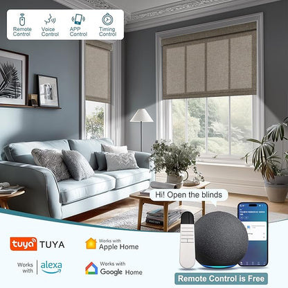 Motorized Blinds with Remote,Light Filtering Smart Roller Shades with App,Voice Control,Thermal Insulated Automatic Blinds,Electric Shades with USB/Solar Pannel.Filter Linen Pink