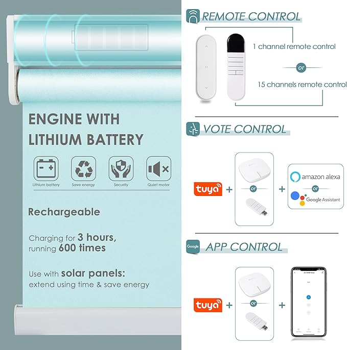 Allesin Motorized Roller Shade Blinds Work with Alexa for Window, 70% Blackout Smart Shades Cordless with Remote Control, Electric Automated Blinds, Customized Size, Lithium Battery Motor(Light Blue)