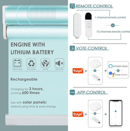 Allesin Motorized Roller Shade Blinds Work with Alexa for Window, 70% Blackout Smart Shades Cordless with Remote Control, Electric Automated Blinds, Customized Size, Lithium Battery Motor(Light Blue)