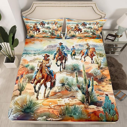 Manfei Western Cowboy Bed Sheets Full Size,West Horse Desert Cactus Easy Wash Bedding Set,Vintage Tribal Retro Boys Girls Room Decor,Yellow Green Sheet(Fitted+Flat+2 Pillowcases)