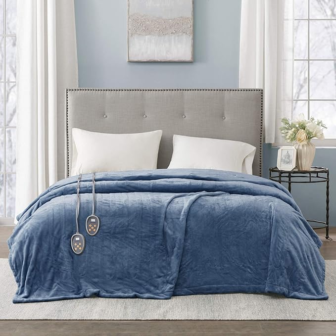 Beautyrest Heated Electric Blanket for Cold Weather, Fast Heating Heated Blanket, Auto Shut Off, Virtually Zero EMF, Multi Heat Setting, UL Certified, Sapphire Queen (90 inx84 in)
