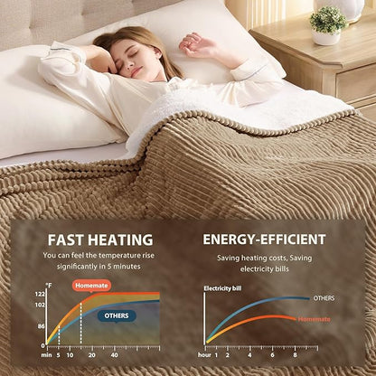 Homemate Heated Blanket Electric Throw - 50"x60" Heating Blanket Throw 1/2/4/6/8 Hours Auto-Off 10 Heat Levels Over-Heat Protection Soft Flannel Sherpa ETL Certification