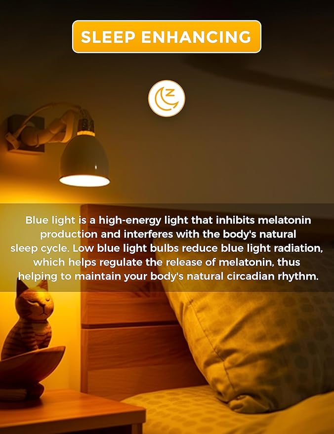 L LOHAS LED Sleep aid Amber Light Bulbs, Blue Light Blocking, A19 9W(60 Watt Equivalent) Dim Light Bulbs, 1800K Warm Light Bulb, E26 Base, 4 Pack