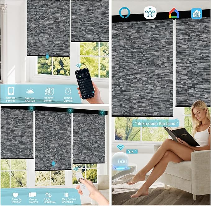 Motorized Blinds with Remote, Smart Blind Roller Shades Compatible with Alexa, Durable Rechargeable Battery Solar Power Electric Window Blinds Customized Size (Jacquard Dark Grey)