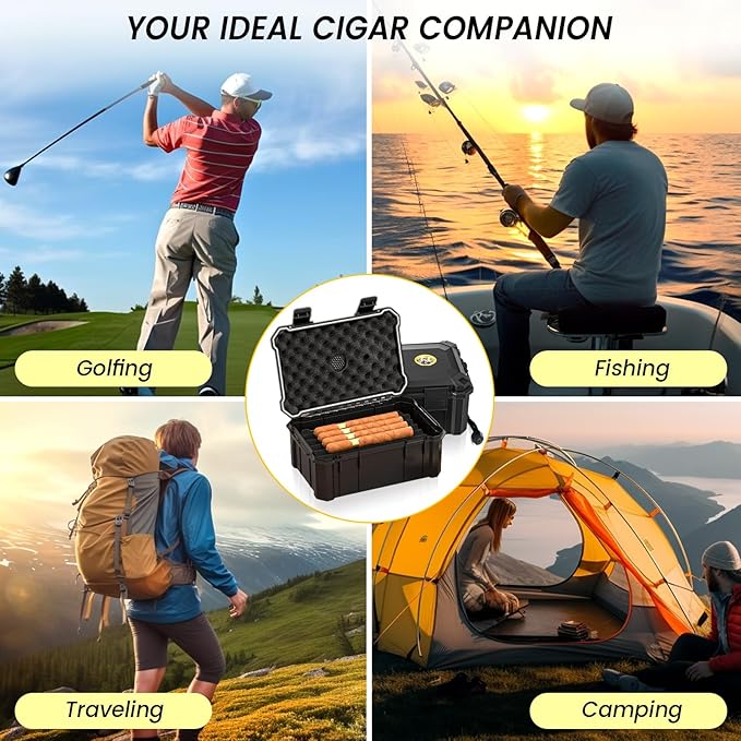 Travel Cigar Humidor Set with Torch Cigar Lighter, V Cigar Cutter, Cigar Ashtray, Cigar Holder, Humidifier & Hygrometer, Portable Travel Cigar Case with Cigar Accessories Kit, Cigar Gifts for Men