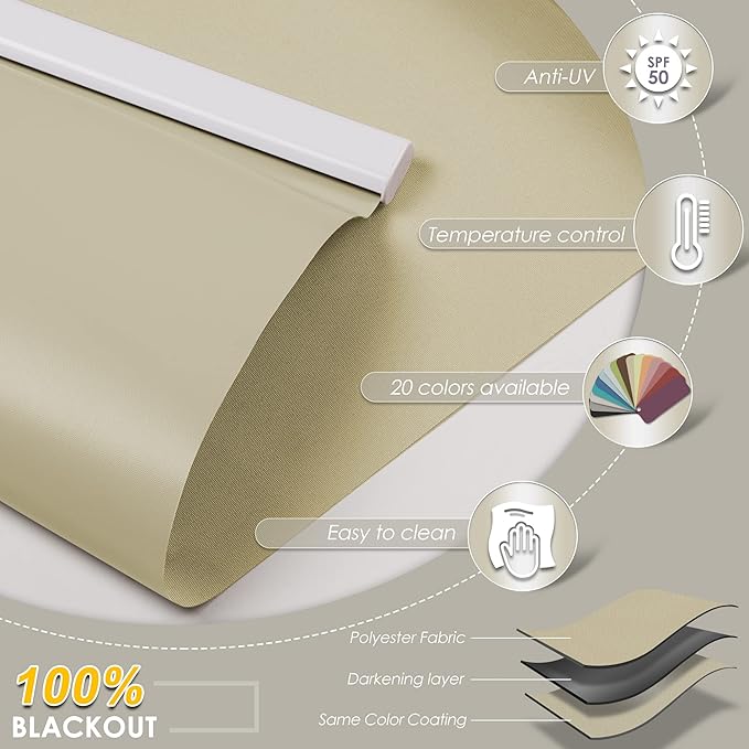 Allesin Motorized Roller Shade Blinds Work with Alexa for Window, 100% Blackout Smart Shades Cordless with Remote Control, Electric Automated Blinds for Window, Customized Size for Smart Home (Khaki)