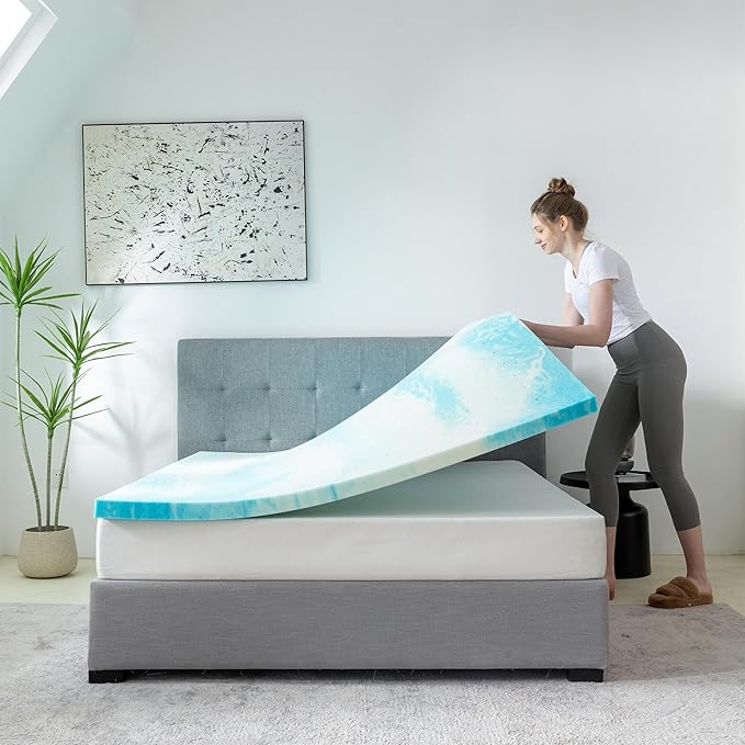 MLILY Queen Mattress Topper 3 Inch Memory Foam Bed with Gel Infusion, Cooling Pad in a Box, CertiPUR-US Certified, 60”x80”, Blue