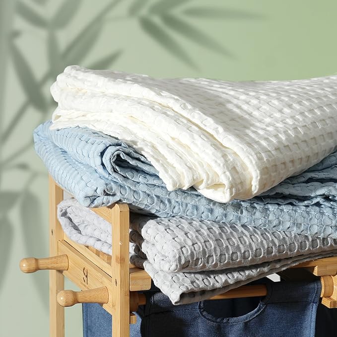 Aganear Waffle Blanket - Lightweight Breathable Summer Blanket of 50% Cotton and 50% Rayon Derived from Bamboo for Hot Sleepers Luxury Throws for Bed, Couch and Sofa,Blue,90x90 Inches