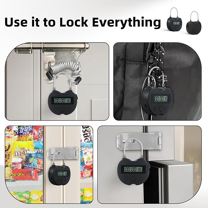 Heart Metal Timer Lock, USB Rechargeable Timer Compact Padlock with 1m Spring Cord, Up to 99 Hours Timed Self-Regulation Anti-Addiction Timer Padlock (Black)