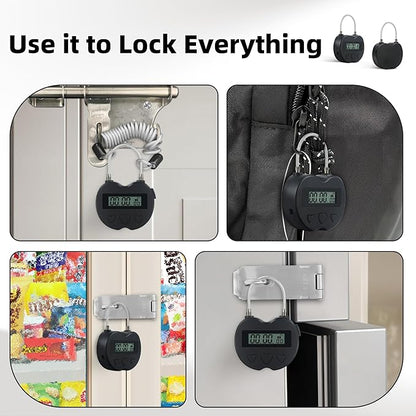 Heart Metal Timer Lock, USB Rechargeable Timer Compact Padlock with 1m Spring Cord, Up to 99 Hours Timed Self-Regulation Anti-Addiction Timer Padlock (Black)