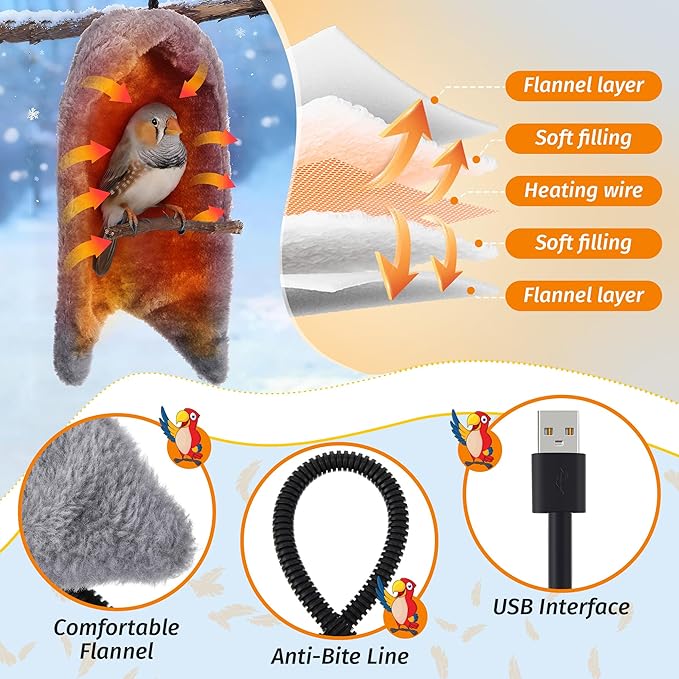 Dreyoo Snuggle Up Bird Cage Heater for Parrot and Small Birds,5V Low Voltage Heated Bird Perch with Constant Temperature Control & Anti Bite Line, Cozy Corner Warmer Blanket Cage Accessory(11.2"× 7")