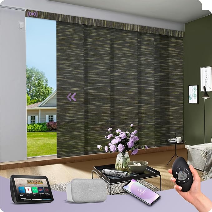 Graywind Motorized Natural Sliding Panels Compatible with Alexa Google Light Filtering Smart Panel Track Blinds for Patio Sliding Door, Custom Size (Truffle)
