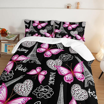 Pink Butterfly Comforter Twin Bedding Sets for Girls, Eiffel Tower Leopard Heart Pattern Bedding Sets with 2 Pillowcases,Aesthetic Bedding for Women Girls Bedroom Paris Decor.