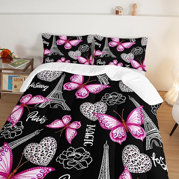 Pink Butterfly Comforter King Bedding Sets for Girls, Eiffel Tower Leopard Heart Pattern Bedding Sets with 2 Pillowcases,Aesthetic Bedding for Women Girls Bedroom Paris Decor.