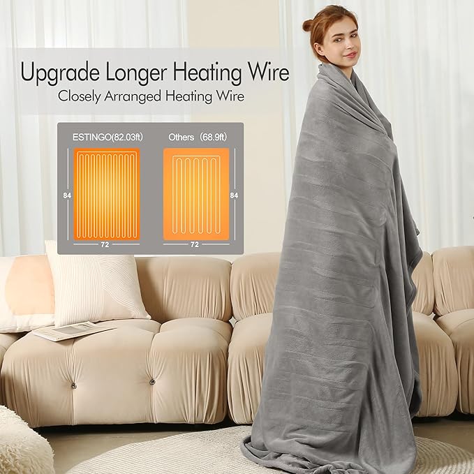 ESTINGO Heated Blanket Full Size - 72"x84" Full Size Electric Blanket with Preheat Function & Overheat Protection, 6 Heating Levels Heated Blanket with 1-10 Hours Adjustable Timer, Light Gray