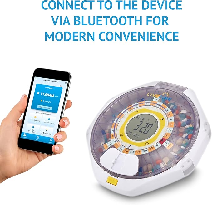 LiveFine Bluetooth Automatic Pill Dispenser, 28-Day Capacity, Sound & Light Alerts, Key Lock, LCD & Easy Setup on The LiveFine App for Prescriptions, Medications, Vitamins & Supplements - Clear Lid
