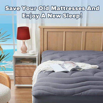Twin Size Mattress Pad for Pain Relief, Pillow Top Cooling Twin Mattress Topper for Single Bed, Thick Fluffy Mattress Protector Cover Quilted Fitted Deep Pocket (39x75 inch, Grey)