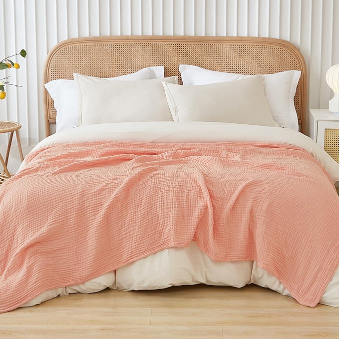 EMME Muslin and Cotton Twin Blankets for Couch Breathable Gauze Blanket All Season Soft and Lightweight Pre-Washed Cotton Blanket (Pink, 60"x80")