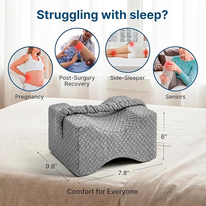 Knee Pillow for Side Sleepers-Memory Foam Leg Pillow for Between Legs-Sciatica,Hip&Back Pain Relief,Spinal Alignment Leg Cushion,Grey