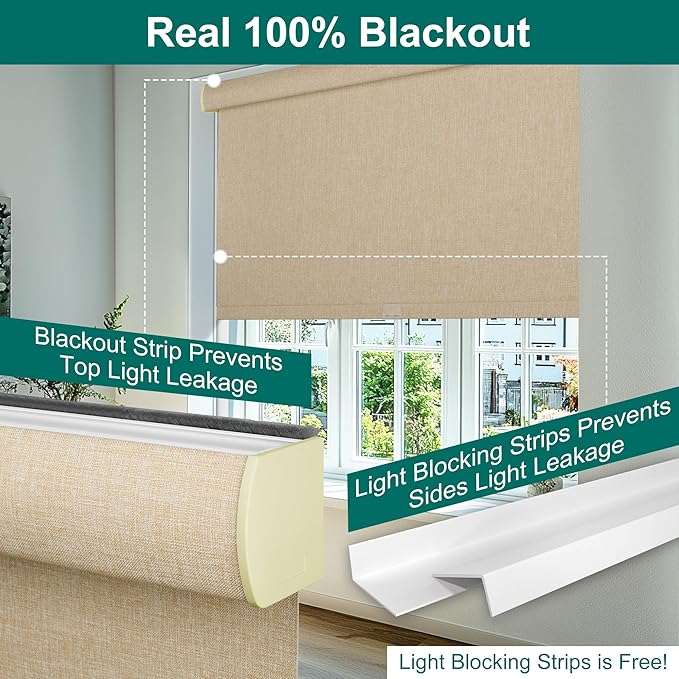 BERISSA Cordless Blackout Roller Shades for Windows,Free-Stop Linen Fabric Windows Blinds with Cassette Valance,Thermal Insulated UV Protection Roller Blinds for Home Office. Beige.62 W x 72" H