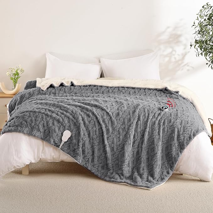 Heated Blanket King Size Electric Blanket Dual Control, Wireless Heating Blanket with 10 Heat & 10 Time Setting, Fasting Heating Sherpa Tufted Blanket for Bed, ETL Certified, Grey,90"x100"