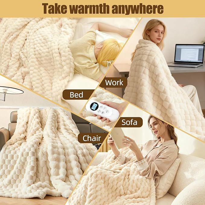 Heated Blanket Electric Blanket Heating, Dual Control Soft Ribbed Faux Fur Electric Blanket with 12 Heat Levels 12H Timer ETL FCC Certified Machine Washable (White, King | 90" x 100")