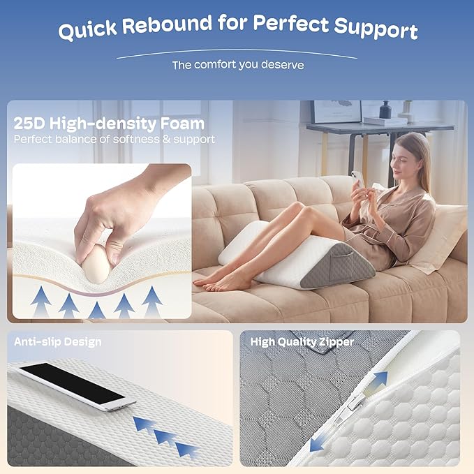 Triangle Wedge Pillow, Wedge Pillow for Acid Reflux, Back Pain Relief, Cooling Memory Foam Top, Bed Wedge Pillows for Headboard, Sleeping, Snoring, Back Support, After Surgery.